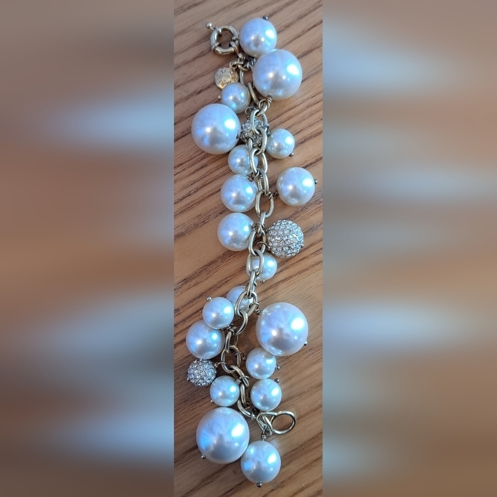 EUC Vintage Y2K J. Crew Faux Pearl & Crystal Bead Gold Tone Bracelet Jewelry - Picture 2 of 4